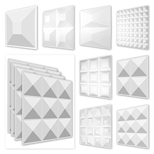 Paneles de pared de PVC 3D - Revestimiento de pared 3D blanco - motivos piramidales (paquete económico 5QM HD004 50x50cm) decoración de revestimiento en blanco