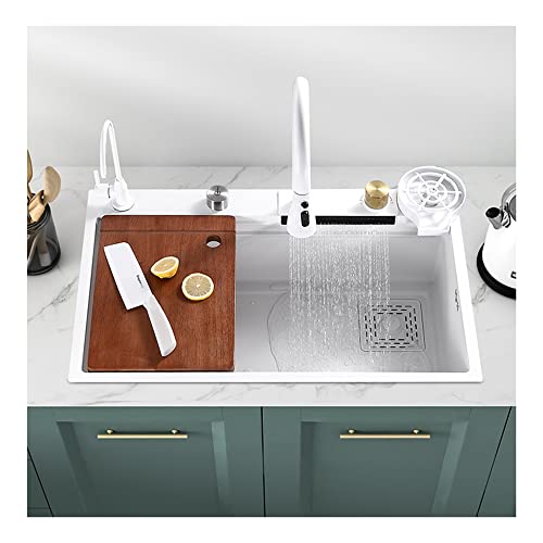 Fregaderos Negro Modernos Blanco para Cocina 1 Seno Kitchen Sink Fregadero de Cascada Volante Doméstico de barra, con arandela de copa de vidrio, combinación de grifo extraíble ( Color : Wit , Size :