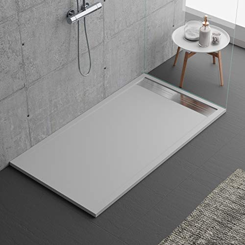 Plato de ducha gris claro, diseño moderno, modelo Malaga, de mármol y resina con efecto piedra pizarra, luxury, gelcoat, slim 3 cm, gris