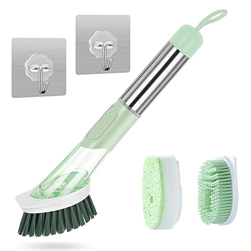 CHEVVY Cepillo de Limpieza 3 en 1 con Dispensador de Jabon Reemplazable Cepillos Limpieza Hogar para Lavar Plato Fregadero (Verde)