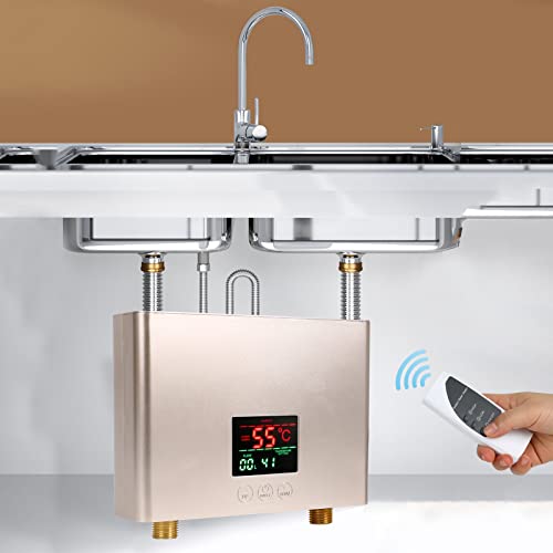 GDWD Mini Termo Eléctrico, calentador de agua instantáneo sin tanque de 3500 W, con pantalla LCD, protección contra fugas, ducha de apagado automático y sistema de agua caliente (oro)