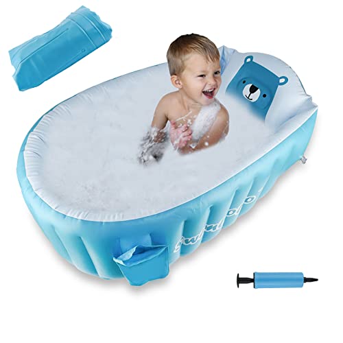 Bañera Hinchable Bebe, Aolkee Portátil Bañera Plegable Bebé, piscina bebe, Bañera niños para plato ducha, bañera para bebés de viaje suave reutilizable (para 0-5 años) + bomba de aire, azul