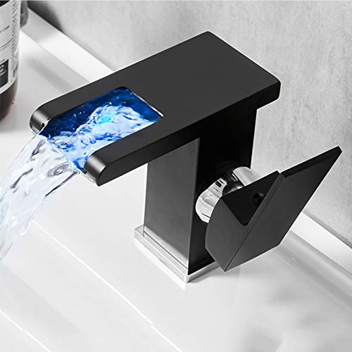 WHWDZG Grifo de Lavabo Cascada con Led, manija Simple con Luces LED de Temperatura de 3 Colores, caño en Cascada, Grifo del Lavabo del baño, Negro