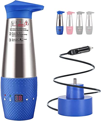 calentador agua coche 12v , Tazas Calefactora Eléctrica de agua de Doble Pared Tetera de Viaje Termos Café Taza para el Coche del té de Leche de Café Electricos Hervidor,Azul