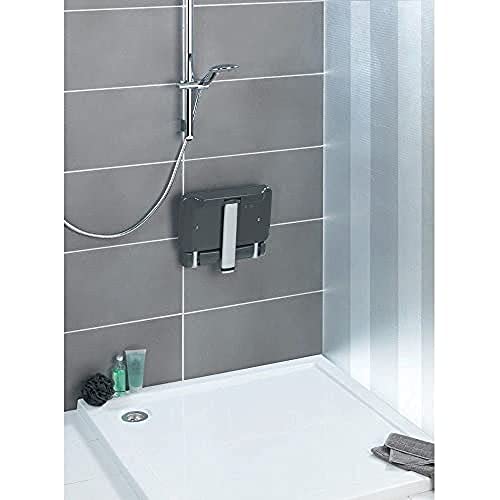 WENKO Asiento mural ducha Secura Premium - asiento de ducha abatible, capacidad de carga de 120 kg, Polipropileno, 37 x 37.5-56.5 x 30.5 cm, Antracita
