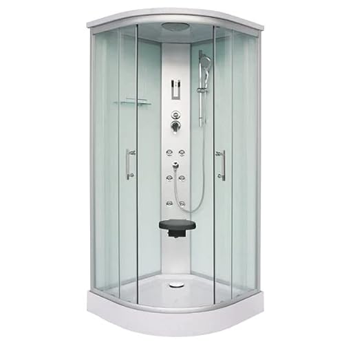 Cabina de ducha completa SCALA 90 x 90 x 215 cm, aluminio cromado, con radio, 2 puertas correderas, ducha con alcachofa y ducha, chorros de masaje, con plato de ducha, asiento plegable, ducha completa