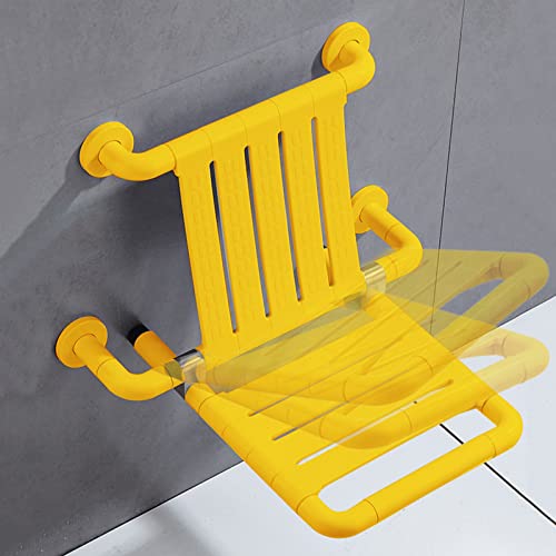 RYUNQ Asiento de ducha plegable con respaldo, taburete de ducha plegable, montaje en pared, para adultos, hasta 250 kg, asiento plegable para personas mayores (amarillo)