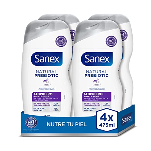 Sanex Natural Prebiotic Atopiderm Nutri Repair, Gel de Ducha o Baño, Piel Atópica, Pack 4 Uds x 475ml