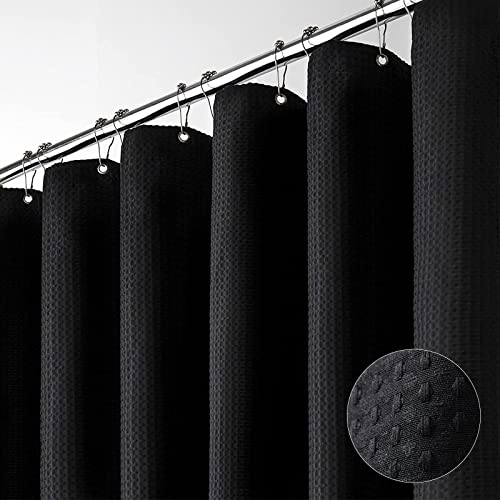 Dynamene Cortina de ducha de tela negra – Cortinas de ducha de tela con textura de gofre para baño, 256 g/m² Hotel Spa de lujo con peso de poliéster con 12 ganchos de plástico (72 x 72 H, negro)
