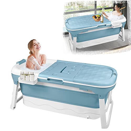 LZQ Bañera plegable para adultos bañera móvil con cubierta extraíble rodillos de masaje estante de almacenamiento PP+TPE bañera plegable para baño SPA, 143 x 62 x 53 cm, azul