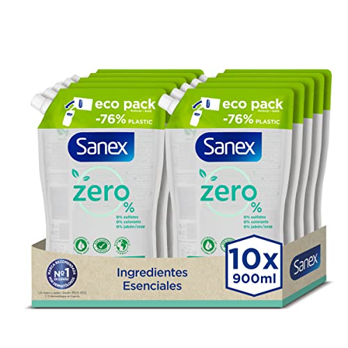 Sanex Zero%, Gel de Ducha o Baño para Pieles Normales, Hidratante, Pack 10 Recambios x 900ml