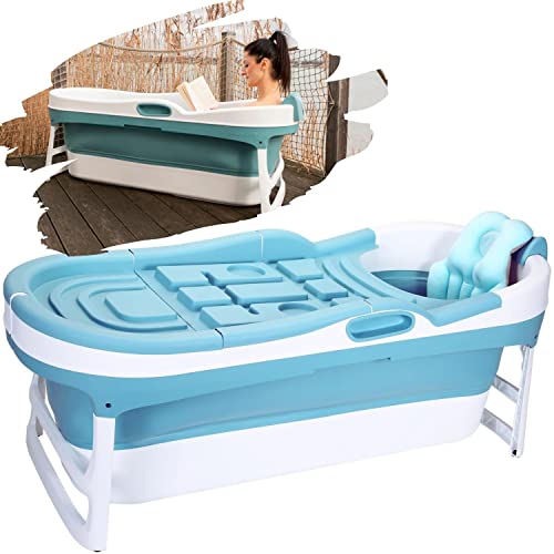 CRS Bañera plegable para adultos XL 146 x 65 x 52 cm con cojín plegable bañera móvil | bañera plegable portátil para colocar en la ducha - Conocido por YouTube (azul)