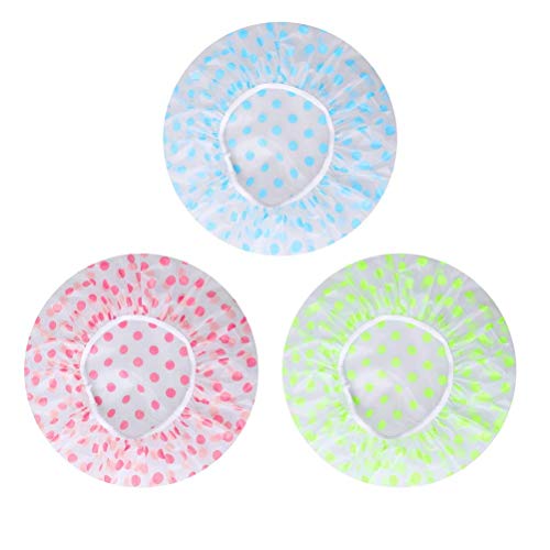 3 Piezas Gorro de Ducha Impermeable, Gorro Ducha Reutilizable con Estampado de Lunares, Gorro de Ducha Mujer con Bandas de Goma para Mujeres Niñas Ducha Spa