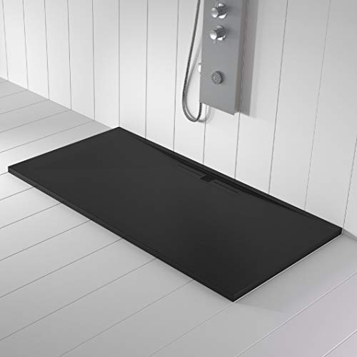 Plato de ducha de mármol negro con desagüe lateral, superficie con efecto de piedra de pizarra, serie Niza, Slim 3 cm, revestimiento de gelcoat, antideslizante