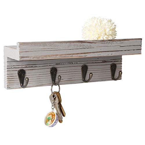 BESTOOL Mini llavero de madera, estante para llaves, organizador de llaves, barra de gancho con estante, organizador de pared con 4 ganchos de metal (gris)
