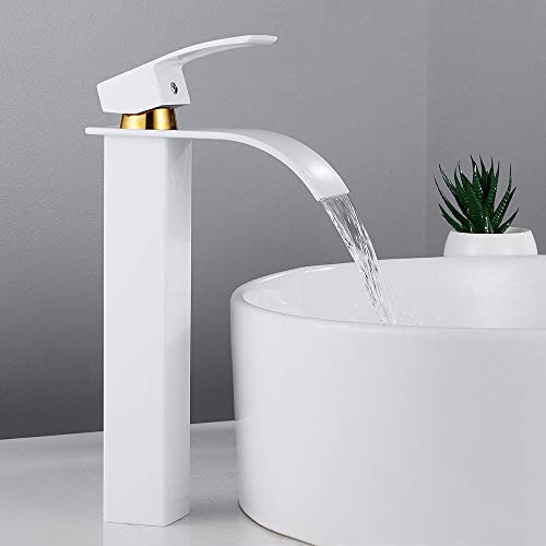 Grifo de baño lavabo cascada alto mezclador baño alto cascada con agua caliente y fría de latón (blanco dorado)