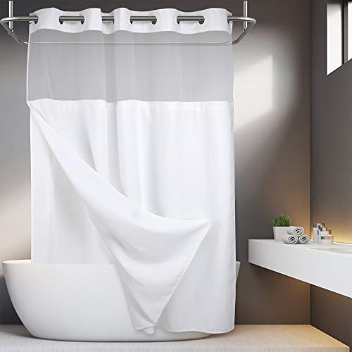 Cortina de ducha de tejido de gofre con forro a presión, 71 W x 74 H, grado hotelero, cortina de baño similar al spa, color blanco