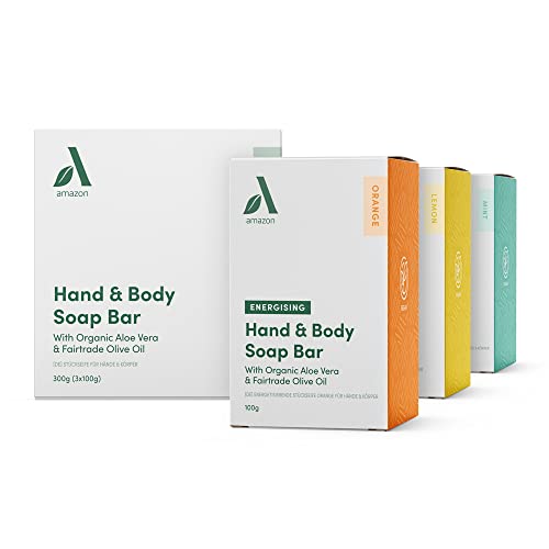 Amazon Aware Pack surtido de jabón de manos y cuerpo, con áloe vera orgánico y aceite de oliva Fairtrade, 3 pastillas x 100 g