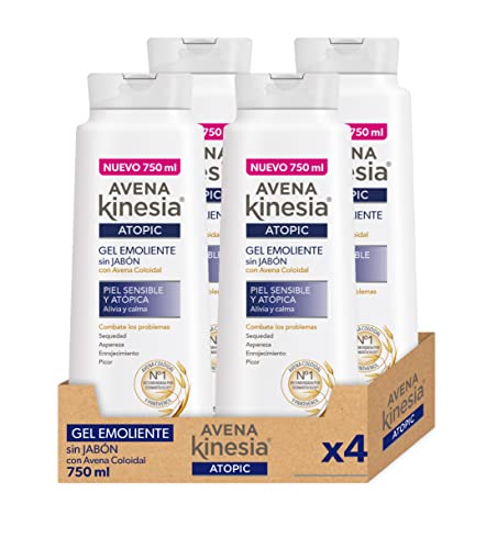 Avena Kinesia - Gel de Baño Emoliente Sin Alcohol para Piel Sensible y Atópica, Fórmula Hipoalergénica con Avena 100% Natural - Pack de 4 x 750 ml