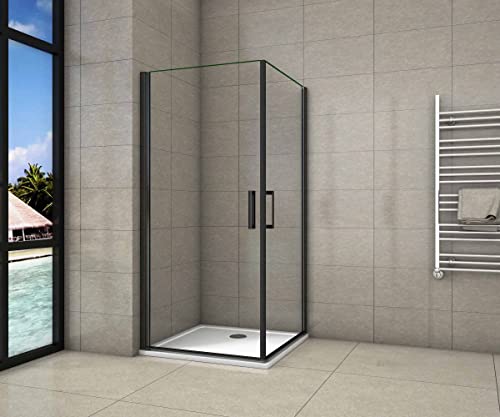 Cabina de ducha, Mampara de esquina, puerta abatible, dos puerta giratoria, perfiles negro mate, vidrio de templado seguridad, antical, transparente de 8mm 90X90X200cm