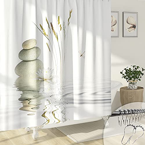 DESIHOM Cortina de ducha Zen blanca con 12 ganchos de ducha de metal, cortina de ducha de piedra natural, cortinas de ducha para baño, cortina de ducha asiática de poliéster impermeable, 177 x 172 cm