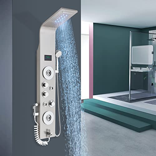 Columna de ducha hidromasaje LED panel de ducha para cuarto de baño hidromasajes 6 funciones sistema de ducha 2 grandes boquillas de masaje plata Cesinkin