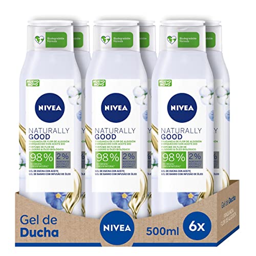 NIVEA Naturally Good Gel de Ducha Flor de Algodón, gel natural con aceite bio y fragancia floral, gel de baño con 98% de ingredientes naturales, pack de 6 (6 x 500 ml)