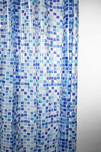KAV Cortina de ducha de PEVA totalmente impermeable con tecnología de higiene y limpieza, 180 x 180 cm, paquete de 2, diseño de mosaico azul para decoración del hogar y el hotel