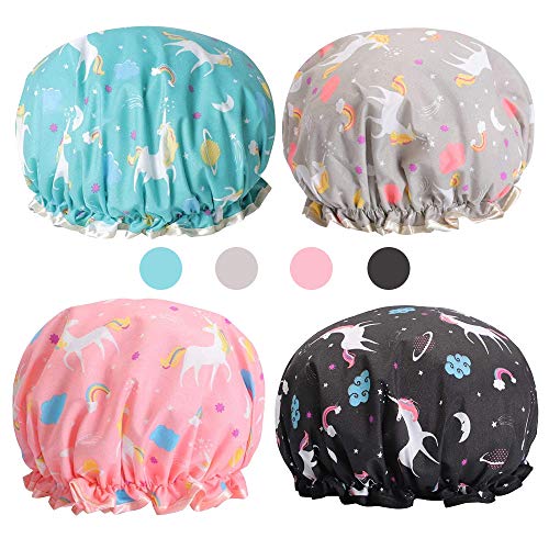 Gorros de Ducha, 4 Pcs Impermeable Gorros de Ducha Grande Reutilizables Gorro de Baño Elástico, Lavables Banda Gorros de Pelo para Mujeres Niña el Cuidado del Maquillaje