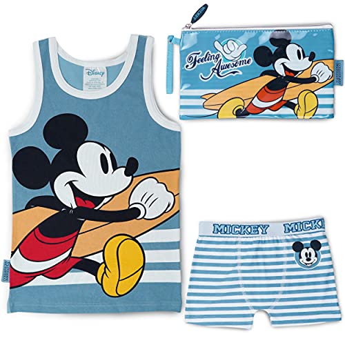 Pijama Niño y Neceser Pequeño Mickey Mouse - Conjunto de Pijama con Camiseta de Tirantes y Pantalón Corto - Incluido Neceser Niño para Guardar Accesorios | Pijamas Niños Verano y Bolsa de Aseo