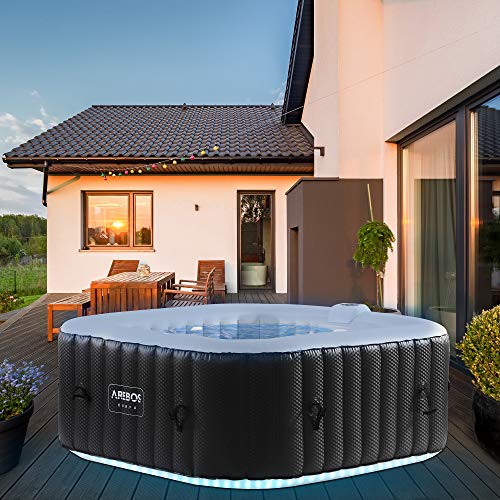 Arebos SPA Hinchable Piscina de hidromasaje con iluminación LED | 154x154cm | 6 Colores | Hinchable | Cuadrada | para Interior y Exterior | 4 Personas | 130 chorros de Masaje | 600 L