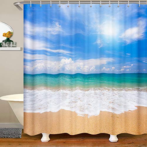 Juego de cortinas de ducha para baño de playa, cortina de baño de mar, para puestos, bañeras, playa hawaiana, isla tropical, cortinas de baño impermeables, 72 x 94 pulgadas