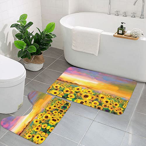 Evealyn Hermosas alfombras de baño con estampado de girasol, 2 piezas, antideslizantes, rectangulares, con forma de U, para baño, bañera y ducha