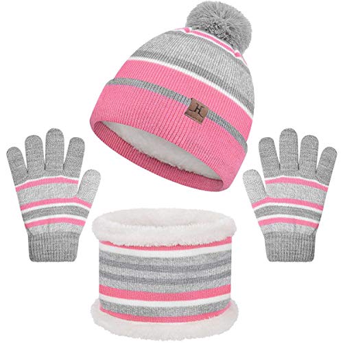 heekpek Set de Bufanda Gorro y Guantes para Niña Niños 3 Piezas Sombreros de Caliente Punto Bufanda Guantes con Forro de Lana Invierno Calentar Gorro Bufanda Sombrero Bufandas Set (B-rosado)