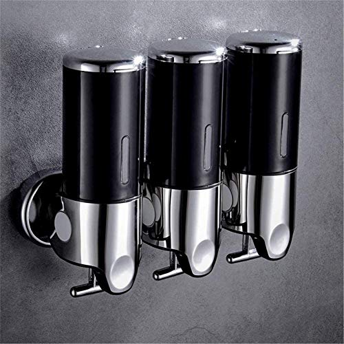 Triple 3 Manual Ducha Dispensadors Mural Sin Taladrar, 3X 500ml Tres Shampoo y Acondicionador Champu Dispensador Jabon Pared para Baño Home Hotel T-Bar Metal Bomba 3 Apartados,Negro