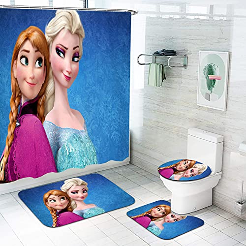 Fgolphd Cortina de ducha, diseño de Frozen 180 x 200, 180 x 180, dibujos animados Anna y Elsa Shower Curtains, resistente al agua, juego de 4 piezas (180 x 180,4)