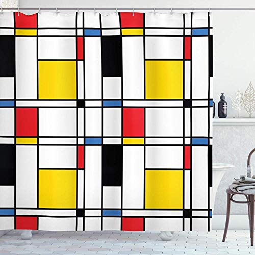 XCBN Cuadro Moderno Abstracto con patrón Azul en Mondrian Colorido Bauhaus Cortina de Ducha de Tela Impermeable y Resistente al Moho A2 90x180cm