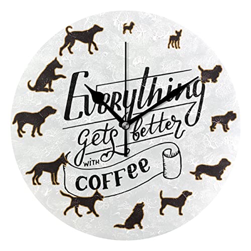 Funny Dog Everything Gets Better with Coffee Reloj de pared redondo Decoración de la habitación de los niños Reloj de cuarzo atómico silencioso Png funciona con pilas de 10 pulgadas de tiempo