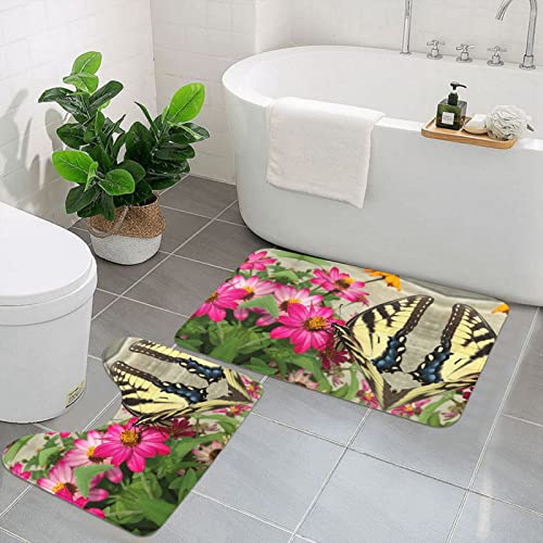 Evealyn 2 piezas de alfombras de baño con estampado de mariposas y flores antideslizantes y rectangulares + alfombrilla de inodoro en forma de U para baño, bañera y ducha