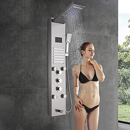 Saeuwtowy Columna de ducha hidromasaje LED níquel cepillado acero inoxidable con 4 boquillas grandes y 12 microchorros de masaje, instalación en la pared