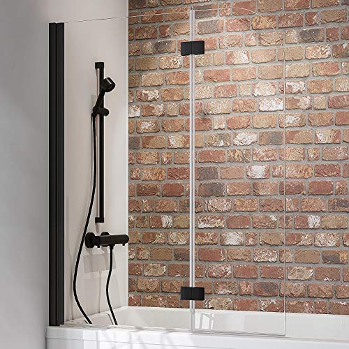 Schulte mampara ducha para bañera 112 x 140 cm, 2 hojas plegables, montaje reversible izquierda derecha, perfil negro y vidrio transparente, D335322 68 50