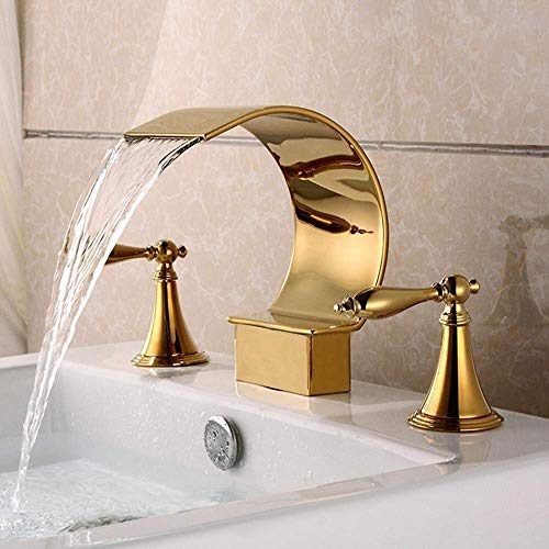 WEDF Grifo de baño Grifo de Lavabo, Grifo de Cascada de bañera de Doble manija Caliente y frío de Tres Piezas (Color: Dorado)