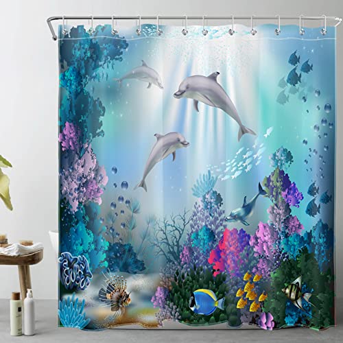 LB  Delfín Cortina de Ducha, 180x180cm Resistente al Agua Anti-Moho Azul Oceano Coral Pez Estampado Lavable Tejido de poliéster Cortinas de baño para niños Decoración de baño con Ganchos