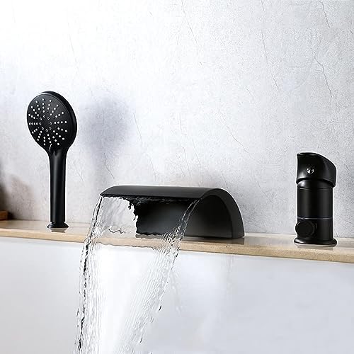 Wathels - Grifo de baño moderno para bañera, diseño de cascada romana con válvula de ducha de mano (Negro)