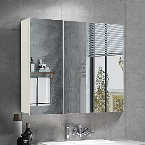 OFCASA - Armario de pared para baño con 3 puertas y espejo, armario de pared con estantes regulables ideal para el cuarto de baño o el cuarto de la ducha (70 x 60 x 15 cm)