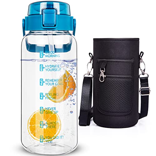 DEARRAY 1.5 litros Botella Agua Cristal Deportiva con Pajita 1.5l Grande Botella Gimnasio Vidrio con Marcador de Tiempo & Bolsa de Neopreno Reutilizable