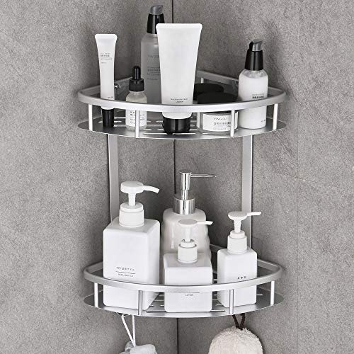 Gricol Estantería de ducha esquinera sin taladrar, estante de ducha autoadhesivo de aluminio espacial con 2 ganchos para cocina, baño, color plateado