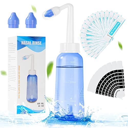 URAQT Lavado Nasal Botella, 300ml Irrigador Nasal con 2 Boquillas, Neti Pot con 20x Sal Lavado Nasal y 10x Termómetro Pegatina, Limpiador Nasal para Congestión Nasal, Sinusitis, Rhinitis Alérgica