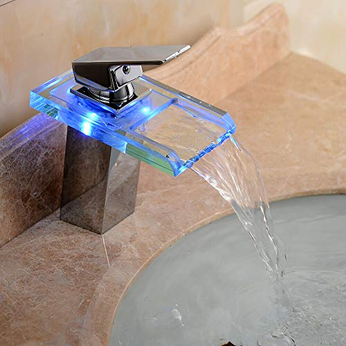 Grifo monomando para lavabo, efecto cascada, con luz LED RGB, 3 cambios de color, de cristal, lavabo, baño cromado