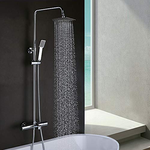 Kibath 469121 Columna termostática extralarga Gas diseño Tubo Regulable en Altura de 100 a 150 cm. Exclusiva para bañeras. Rociador y Ducha de Mano Cuadrados. Repuestos garantizados, Cromo Brillo